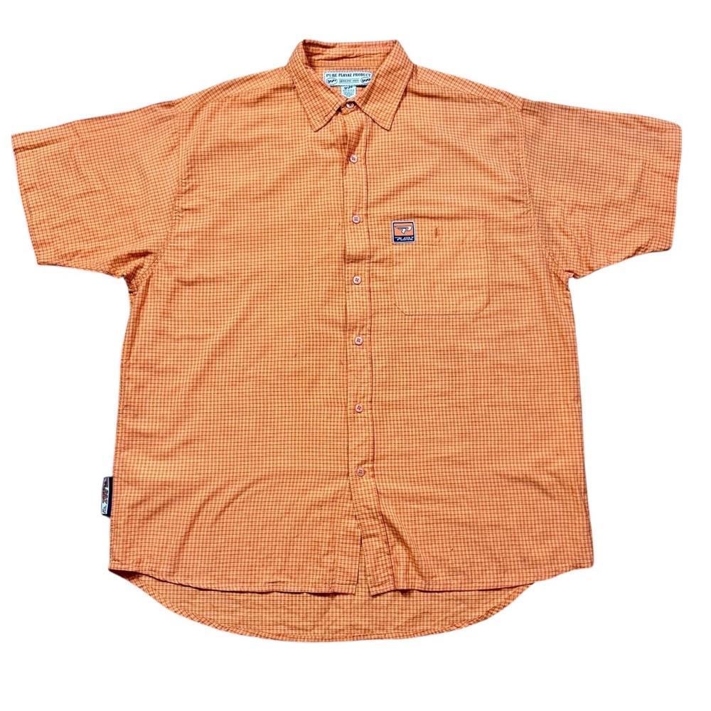 Vintage Pure Playaz 1969 Orange Plaid Button-Up Short Sleeve Shirt Mens Size 2XL